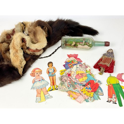 471 - MISC. INC. PEG DOLL, CARDBOARD DOLLS WITH PAPER CLOTHES, 2 WEASELS AND A SHIP IN A BOTTLE