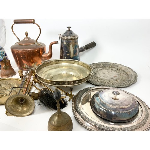 337 - MIXED METALWARE INC CLOISSONE VASE, SILVER PLATED WARE, COPPER TEAPOT ETC.