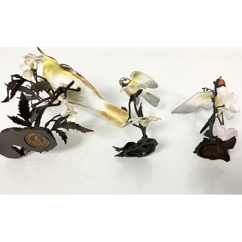 117 - 3 ROYAL WORCESTER BIRD MODELS ON BRONZE INC WARBLER & BLUE TIT