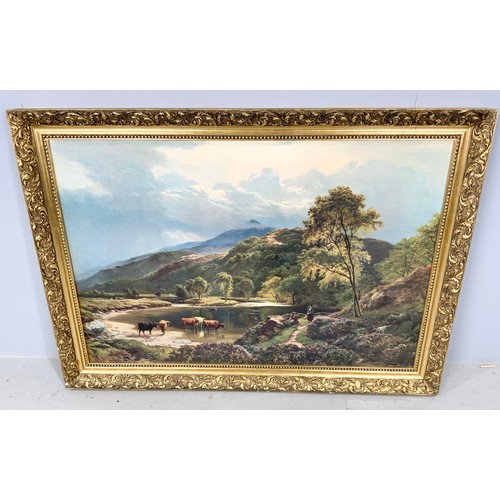 53 - FURNISHING PICTURE OF MOUNTAIN & CATTLE SCENE, OVERALL APPROX 103 X 73 CM