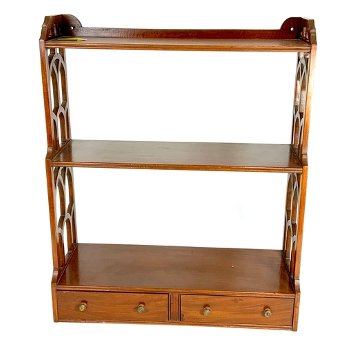 623 - SMALL SET OF WALL HANGING SHELVES, ORNATE SIDES & TWO SET OF DRAWERS AT THE BASE, APPROX. 65 CM TALL... 