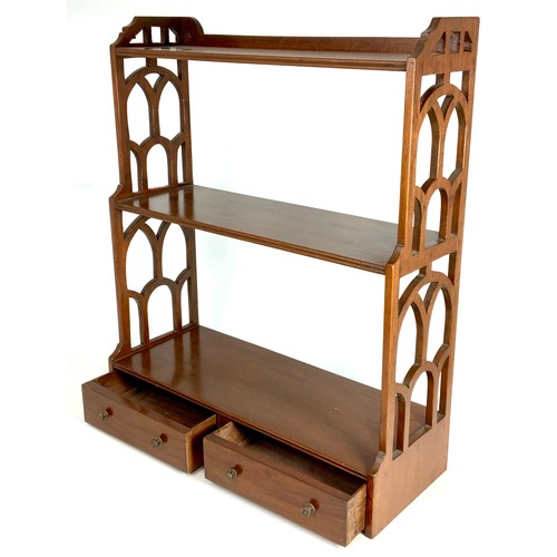 623 - SMALL SET OF WALL HANGING SHELVES, ORNATE SIDES & TWO SET OF DRAWERS AT THE BASE, APPROX. 65 CM TALL... 