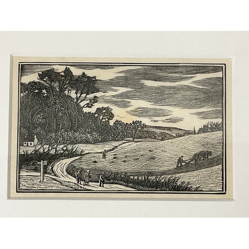 60 - GWEN RAVERAT, A SMALL WOOD BLOCK PRINT DEPICTING A FARMLAND SCENE, approx. 10 x 6 cm