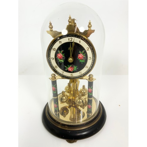 292 - ANNIVERSARY CLOCK IN DOME, BRASS OIL LAMP ETC