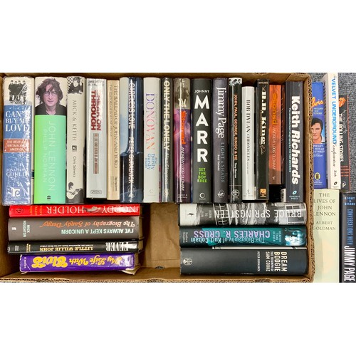 75 - BOX OF ROCK & ROLL BOOKS A GOOD SELECTION INC. BEATLES, JIMMY PAGE, SPRINGSTEEN, 29 TITLES