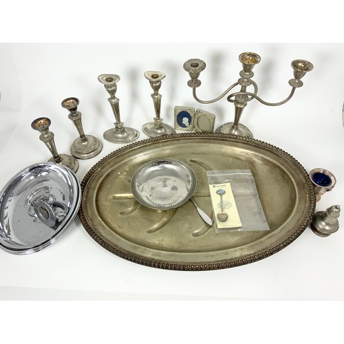 350 - SILVER PLATED CANDLESTICKS, LARGE MEAT PLATE , BORROWDALE STAINLESS STEEL BOWL ETC