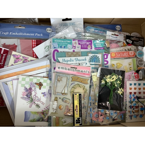 476 - 3 LARGE BOXES OF CARD & CRAFTING ITEMS, MANY UNOPENED EMBELLISHMENT ATTACHMENTS, DECORATIONS, FESTIV... 