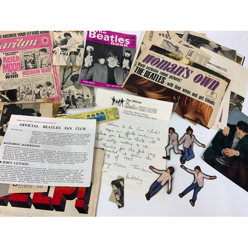 103 - BEATLES MEMORABILIA INC. OFFICIAL FAN CLUB EPHEMERA, CUT OUTS, ABC GUM TRADE CARDS, HISTORIC PAPERS,... 