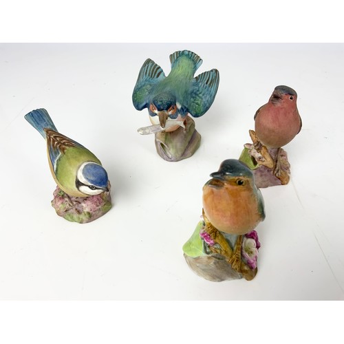 128 - 4 ROYAL WORCESTER BIRD MODELS WITH 4 PORCELAIN FLOWER MODELS ON METAL MOUNTS