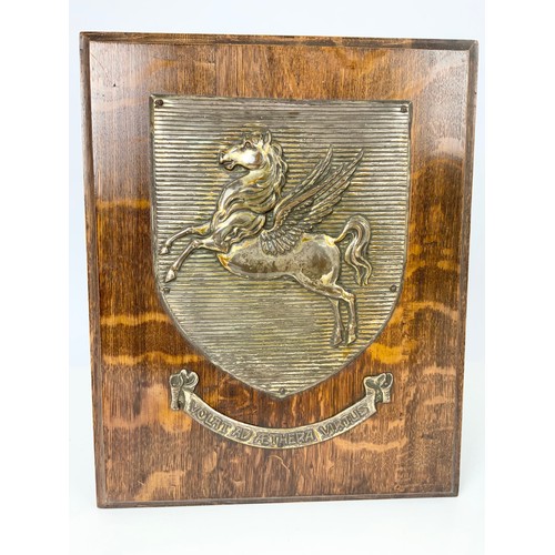 356 - 3 SILVER PLATED HERALDIC SHIELDS ON OAK PLAQUES WITH LABEL ON BACK FISHER & LUDLOW LTD 1905 BIRMINGH... 