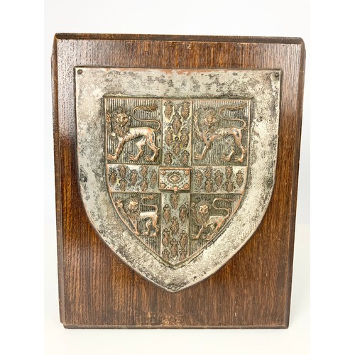 356 - 3 SILVER PLATED HERALDIC SHIELDS ON OAK PLAQUES WITH LABEL ON BACK FISHER & LUDLOW LTD 1905 BIRMINGH... 