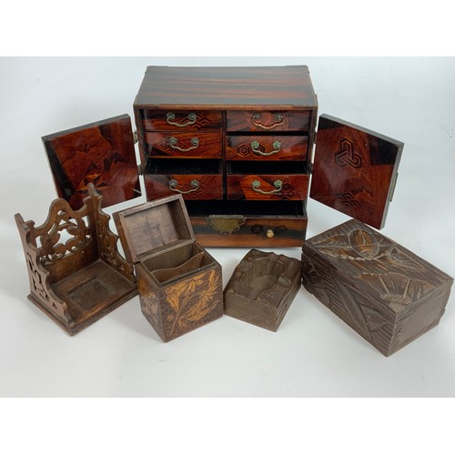 361 - ATTRACTIVE CHINESE STYLE SMALL LACQUERED CABINET & 4 PIECES OF POKER-WARE