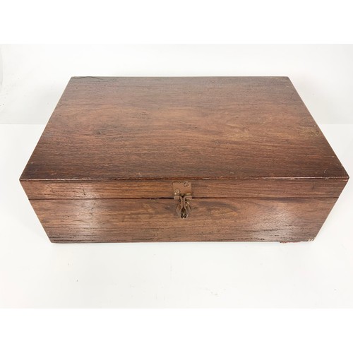 367 - MAHOGANY WRITING BOX, POSSIBLY MILITARY, HAVING A FITTED INTERIOR WITH ABDUL HAKIN & SONS PAPER LABE... 