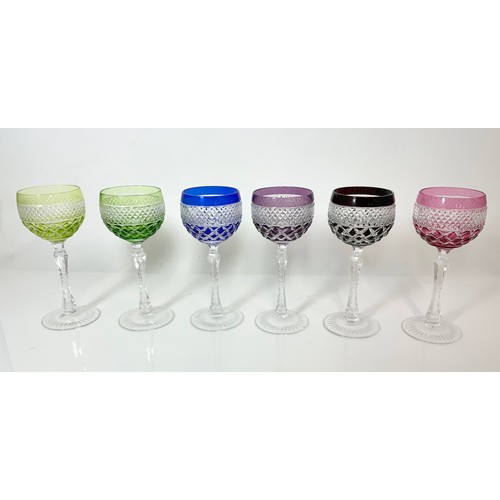 270 - 6 CUT GLASS COLOURED HOCK GLASSES 20cm TALL