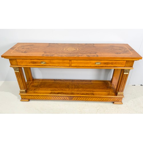 631 - AN ITALIAN MAPLE VENEER SIDE TABLE WITH 2 DRAWERS, APPROX. 150 cm WITH ORIGINAL INVOICE FOR 3000 EUR... 