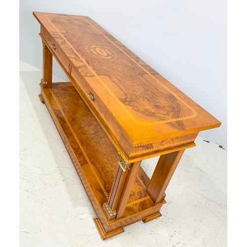 631 - AN ITALIAN MAPLE VENEER SIDE TABLE WITH 2 DRAWERS, APPROX. 150 cm WITH ORIGINAL INVOICE FOR 3000 EUR... 