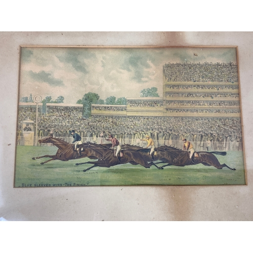 52 - 4 FRAMED PICTURES, OLD HORSE RACING SCENES, THE START, BLUE SLEEVES WINS THE FINISH, ROUNDING THE BE... 