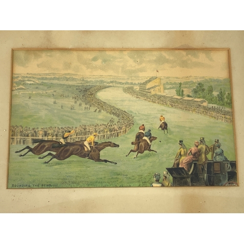 52 - 4 FRAMED PICTURES, OLD HORSE RACING SCENES, THE START, BLUE SLEEVES WINS THE FINISH, ROUNDING THE BE... 