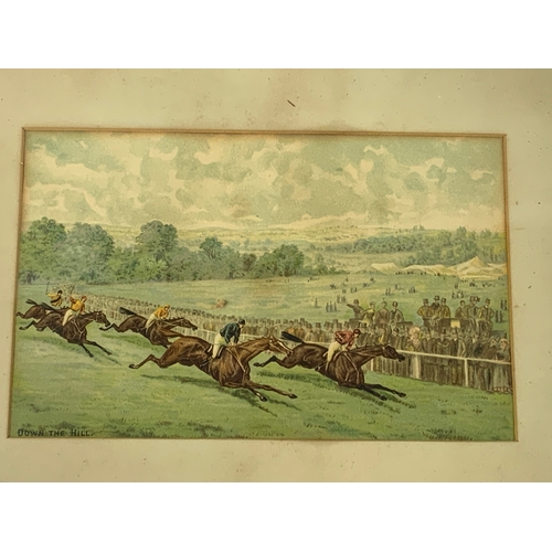 52 - 4 FRAMED PICTURES, OLD HORSE RACING SCENES, THE START, BLUE SLEEVES WINS THE FINISH, ROUNDING THE BE... 