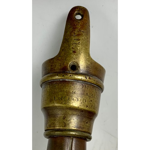 325 - UNUSUAL, 30 CM  BRASS ENGINEERED HORN, WITH WORN MAKERS NAME, ….ONIONS ENGLAND, PLUS PLATED WARE.