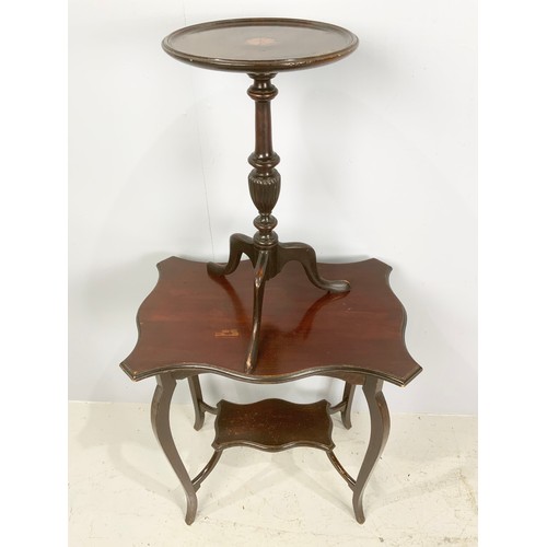 577 - MAHOGANY OCCASIONAL TABLE WITH UNDER TIER AND INLAID MAHOGANY KETTLE TABLE