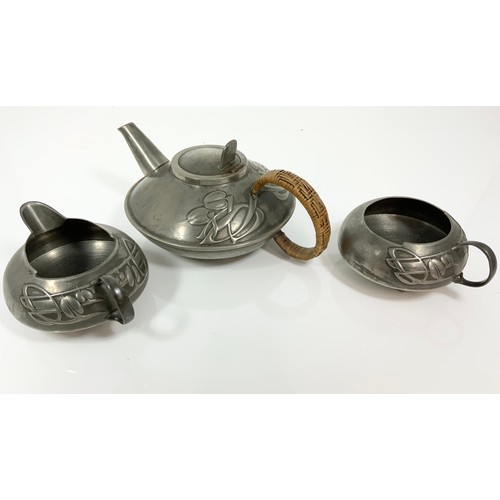 338 - STYLISH LIBERTY & CO. PEWTER 3 PIECE TEASET, STAMPED 0231 COMPRISING TEAPOT, CREAM JUG AND SUGAR BOW... 