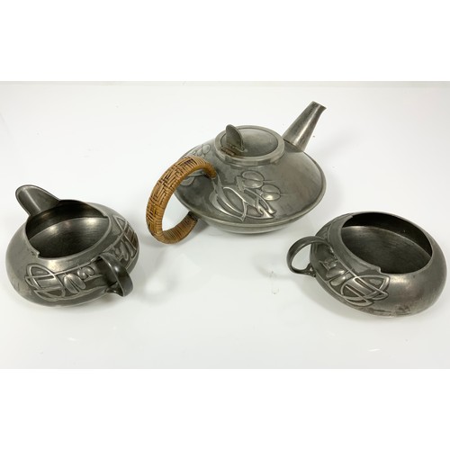 338 - STYLISH LIBERTY & CO. PEWTER 3 PIECE TEASET, STAMPED 0231 COMPRISING TEAPOT, CREAM JUG AND SUGAR BOW... 