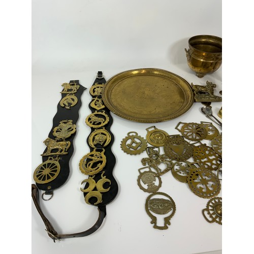 324 - BRASSWARE INCLUDING HORSE BRASSES, TRAY ETC