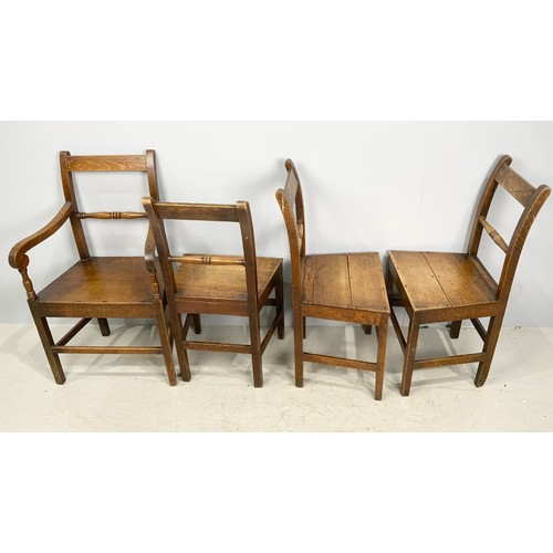 665 - PRIMITIVE SET OF DINING CHAIRS WITH BOARDED SEATS – 3 PLUS A CARVER