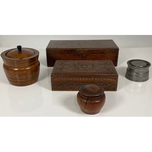 366 - TWO WOODEN BOXES, TWO CIRCULAR WOODEN POTS WITH COVERS AND A PEWTER INK WELL