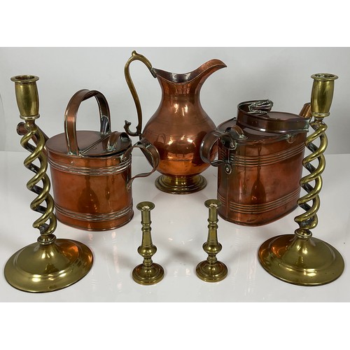 330 - COPPER JUG, TWO WATERING CANS AND TWO PAIRS OF CANDLESTICKS