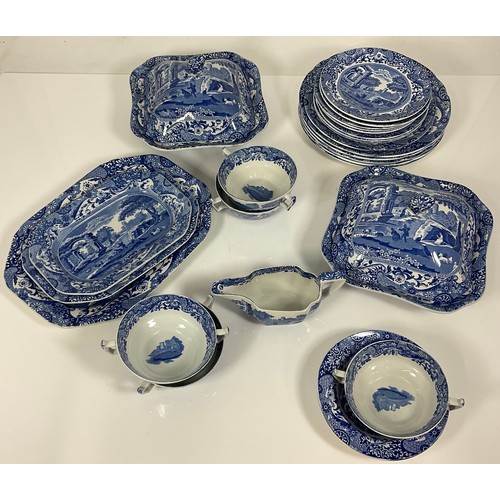 231 - ANTIQUE BLUE AND WHITE SPODE PART DINNER SERVICE, SERVING PLATES, SOUP BOWLS, GRAVY DISH, PLATES ETC