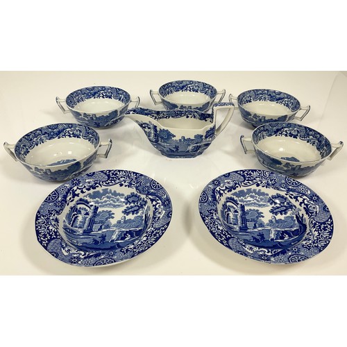 231 - ANTIQUE BLUE AND WHITE SPODE PART DINNER SERVICE, SERVING PLATES, SOUP BOWLS, GRAVY DISH, PLATES ETC