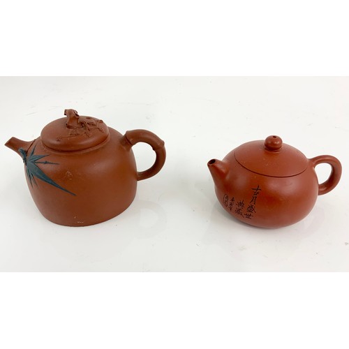 190 - 2 DECORATIVE TERRACOTTA TEAPOTS, BRASS BOWL, DECORATIVE EGGS AND GREEN GLASS FISHING FLOAT