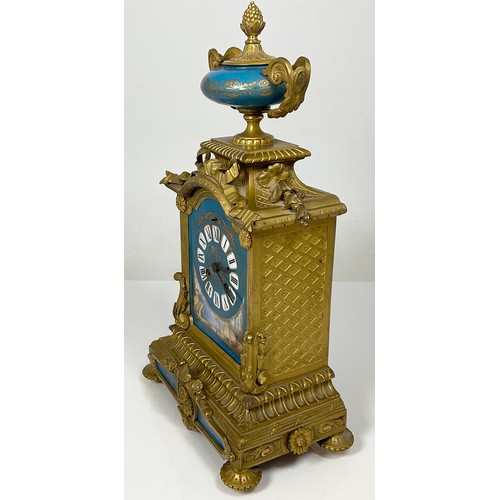 308 - GILT METAL AND PORCELAIN MANTLE CLOCK, MOVEMENT STAMPED R&G PARIS AND LONDON APPROX 39CM  TALL