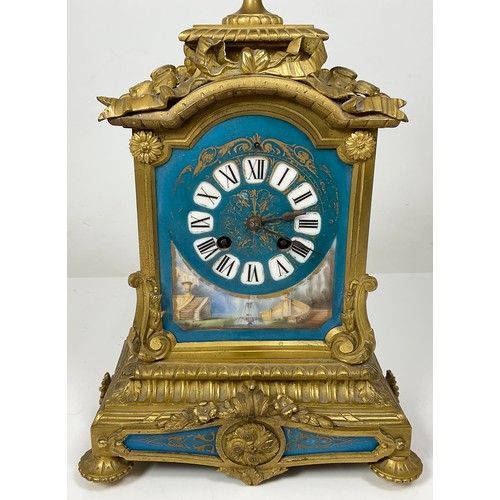 308 - GILT METAL AND PORCELAIN MANTLE CLOCK, MOVEMENT STAMPED R&G PARIS AND LONDON APPROX 39CM  TALL