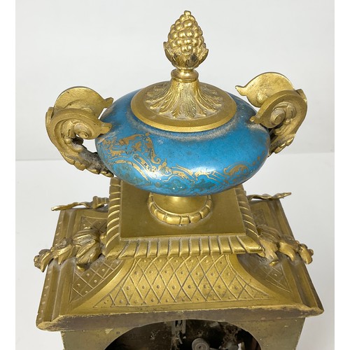 308 - GILT METAL AND PORCELAIN MANTLE CLOCK, MOVEMENT STAMPED R&G PARIS AND LONDON APPROX 39CM  TALL