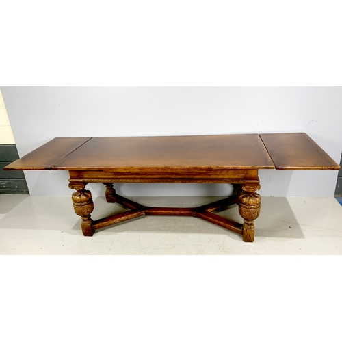 615 - GOOD QUALITY HEAVY OAK DINING TABLE WITH TURNED AND CARVED BALUSTERS AND Y STRETCHERS  274cm x  91cm