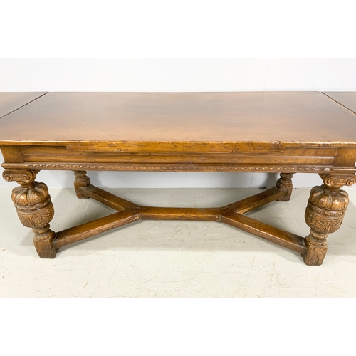 615 - GOOD QUALITY HEAVY OAK DINING TABLE WITH TURNED AND CARVED BALUSTERS AND Y STRETCHERS  274cm x  91cm