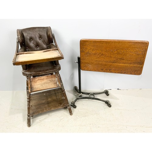 572 - VINTAGE CHILDS HIGH CHAIR & READING / BED TABLE ON METAL BASE