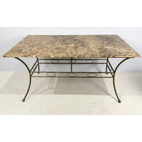 554 - MARBLE TOP  DINING TABLE  160cm x  90 cm AND SET OF 6 UPHOLSTERED CHAIRS ON METAL FRAMES