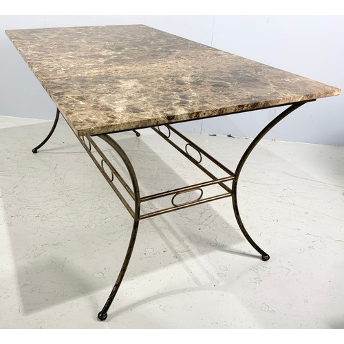 554 - MARBLE TOP  DINING TABLE  160cm x  90 cm AND SET OF 6 UPHOLSTERED CHAIRS ON METAL FRAMES