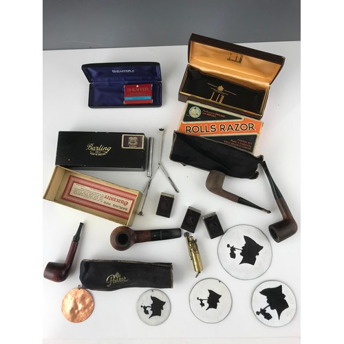 398 - MISC. PIPES AND SMOKING PARAPHERNALIA TOGETHER WITH ENAMELLED ROUNDELS ETC