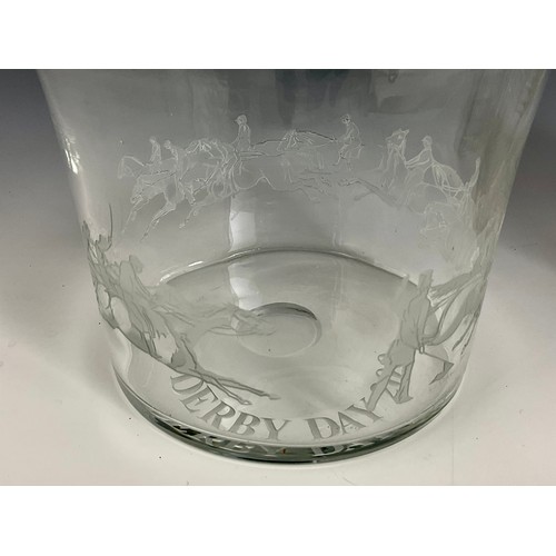 272 - DERBY 200 ENGRAVED GLASS ICE BUCKET AND A PAIR OF CUT GLASS WHISKY DECANTERS