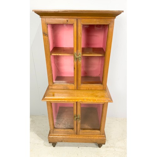 614 - UNUSUAL PINE DOUBLE CABINET WITH GLAZED DOUBLE DOORS TOP AND BOTTOM 122cm TALL