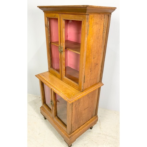 614 - UNUSUAL PINE DOUBLE CABINET WITH GLAZED DOUBLE DOORS TOP AND BOTTOM 122cm TALL