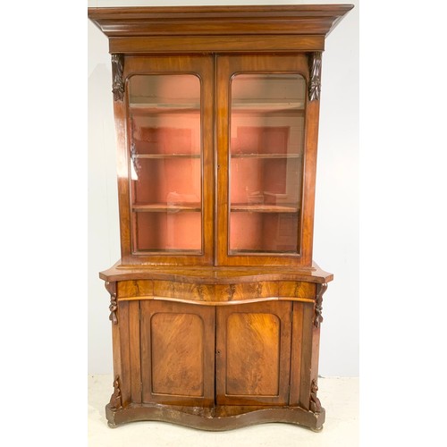 608 - VICTORIAN SERPENTINE FRONT MAHOGANY GLAZED CABINET ON BASE 222cm TALL