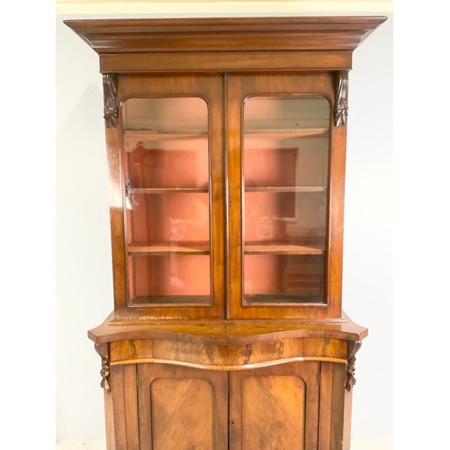 608 - VICTORIAN SERPENTINE FRONT MAHOGANY GLAZED CABINET ON BASE 222cm TALL