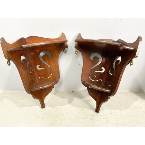 545 - PAIR OF MAHOGANY CORNER WALL SHELVES AND MAHOGANY WALL SHELVES