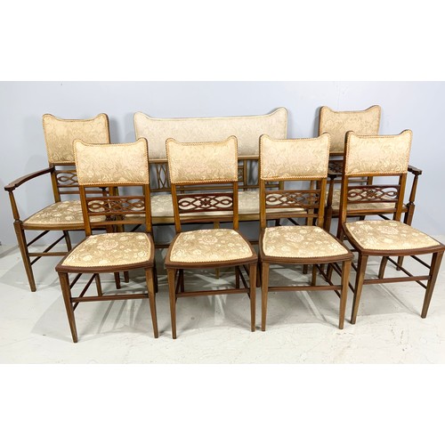 672 - INLAID MAHOGANY SALON SUITE COMPRISING 2 SEATER SOFA, 4 CHAIRS AND 2 CARVERS